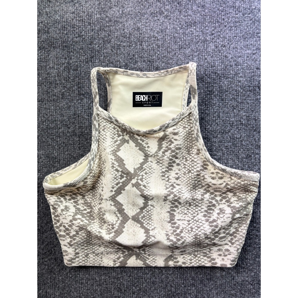 Beach Riot Sport Crop Top Womens XS Tan Snakeskin Ribbed High Neck Racerback
